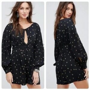 Free People Black Love Grows Long Sleeve Keyhole‎ Romper Garden Print S